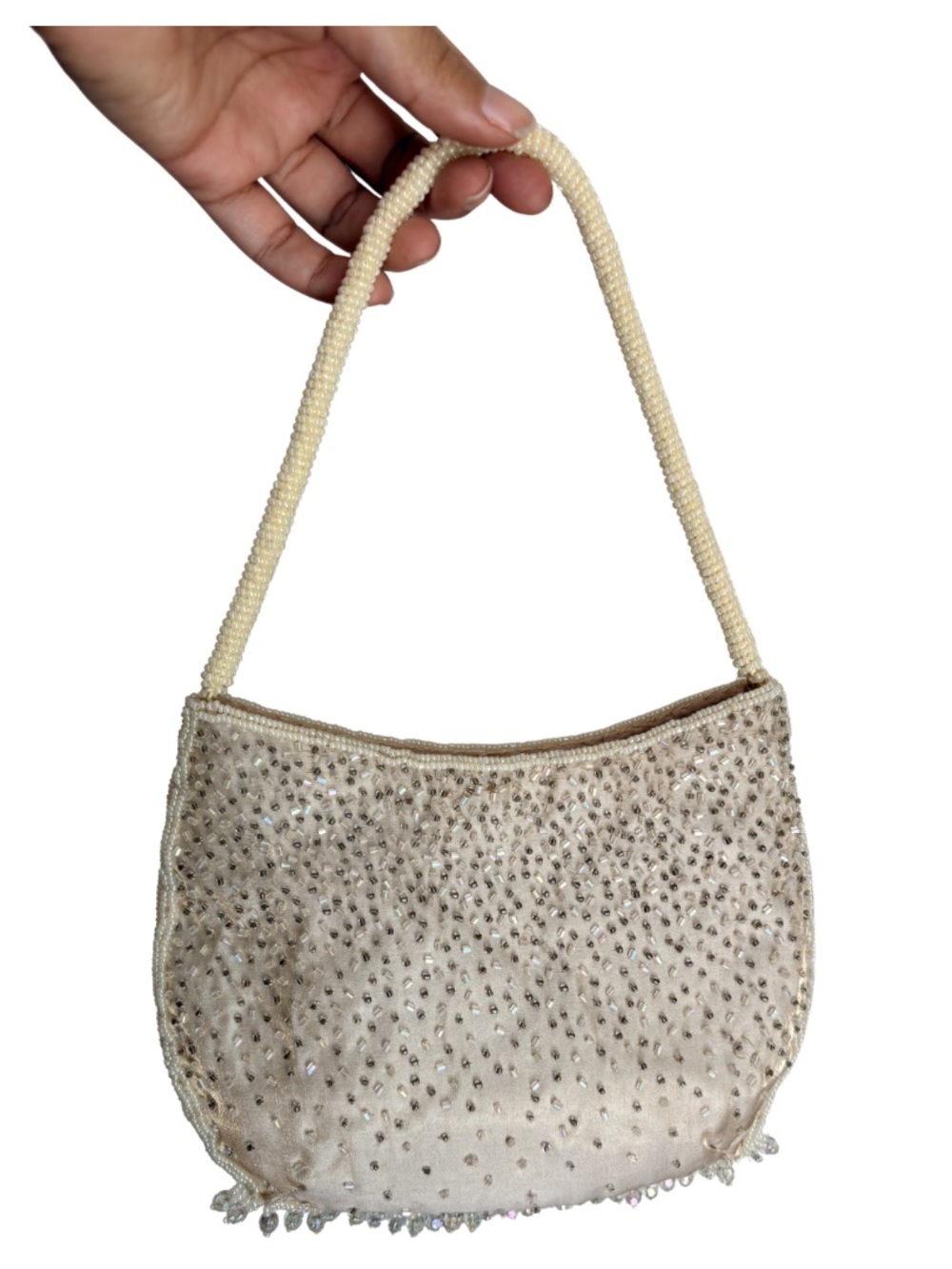VTG Y2K Champagne Silver Cream Glass Beaded Fringed Evening Bag Purse Small